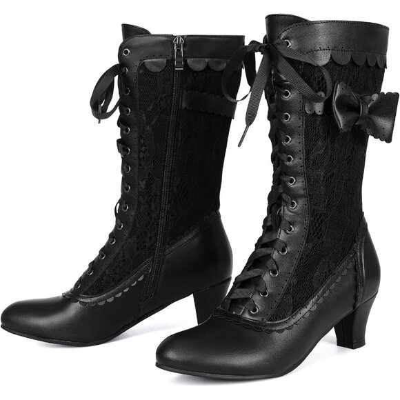 Women's Black Vintage Victorian Boots Lace Bridal Brides Wedding Boots Mid Calf